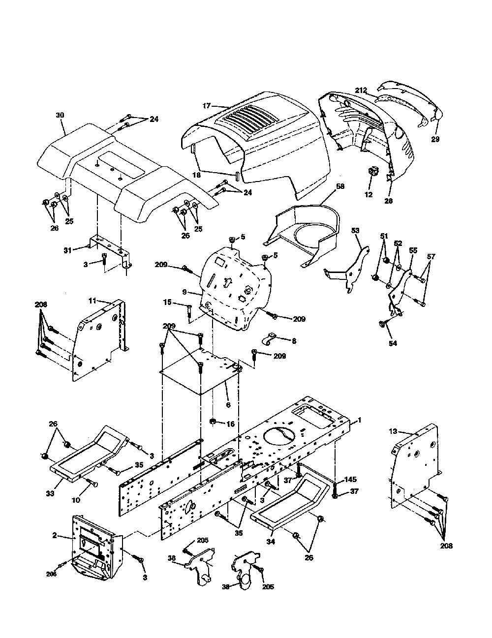 Chassis/enclosures Diagram and Parts List for GE1138  Weed Eater Lawn Tractor